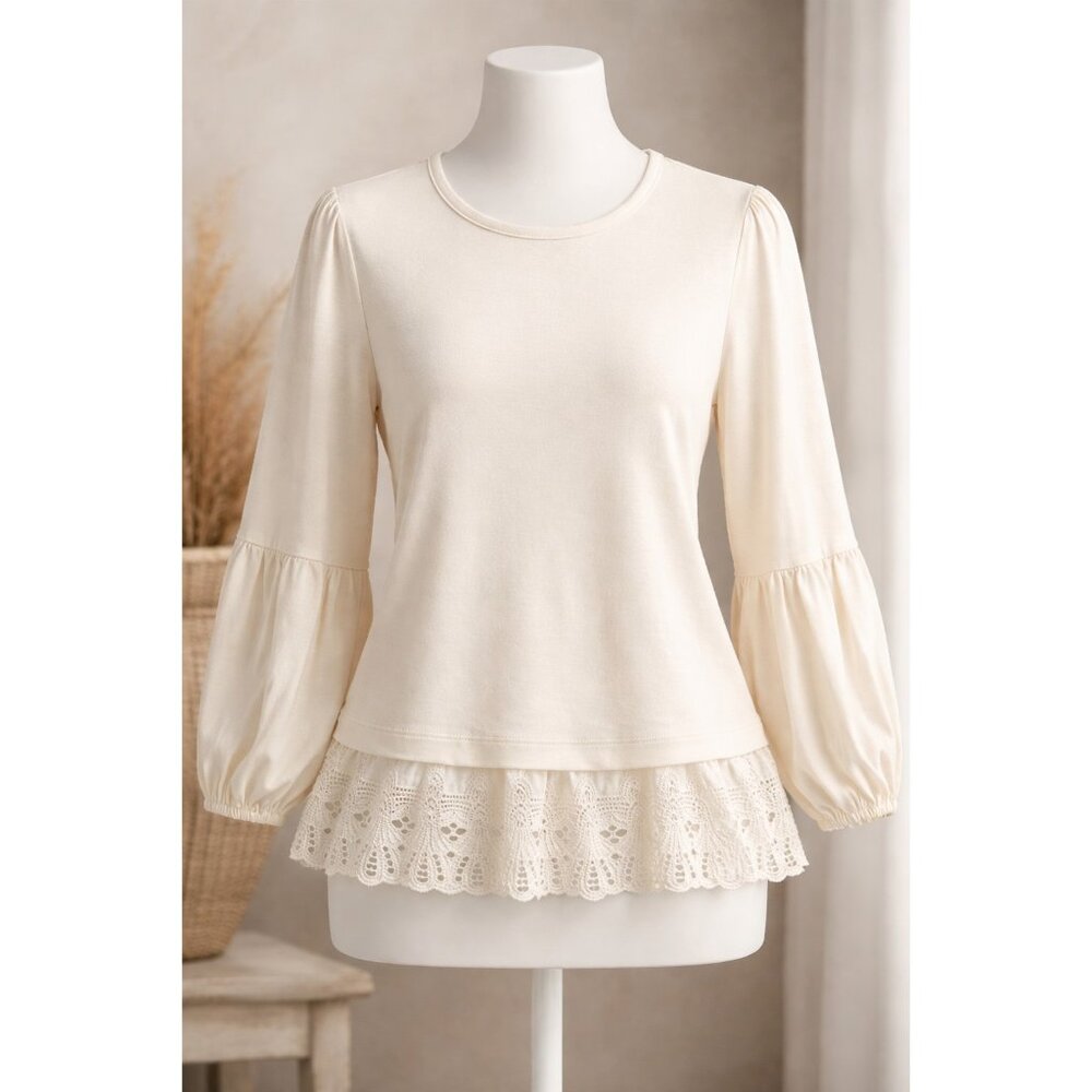 Cupio Blush Lace Hem Balloon Sleeve Top Cream‎ Viscose M NWT